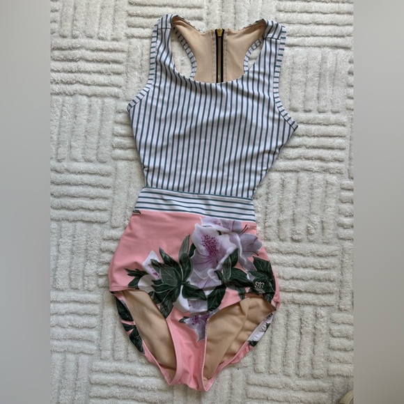 Albion Island Fever One Piece Swimsuit - Blue / White Stripe & Pink Floral - Picture 6 of 10